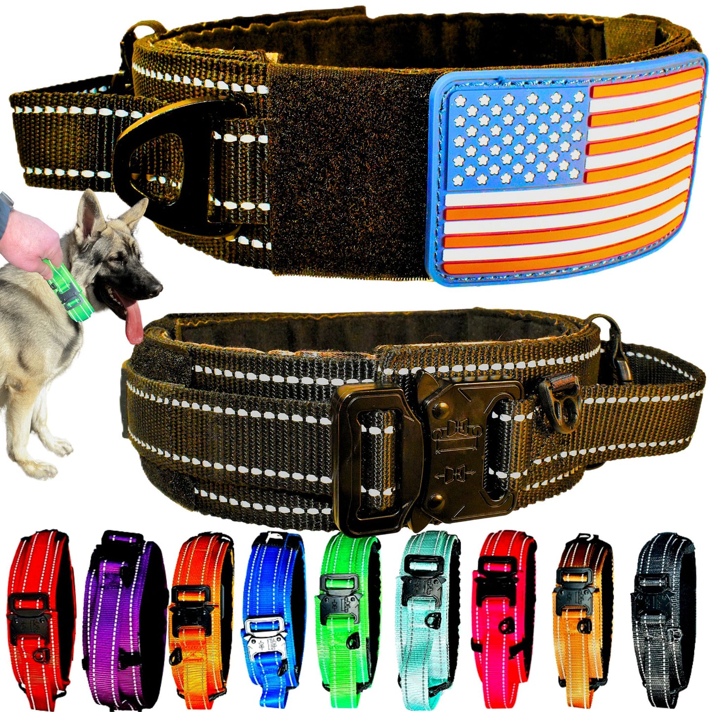 2 Inch Tactical Dog Collar Reflective | Control Handle, Removable Flag Patch