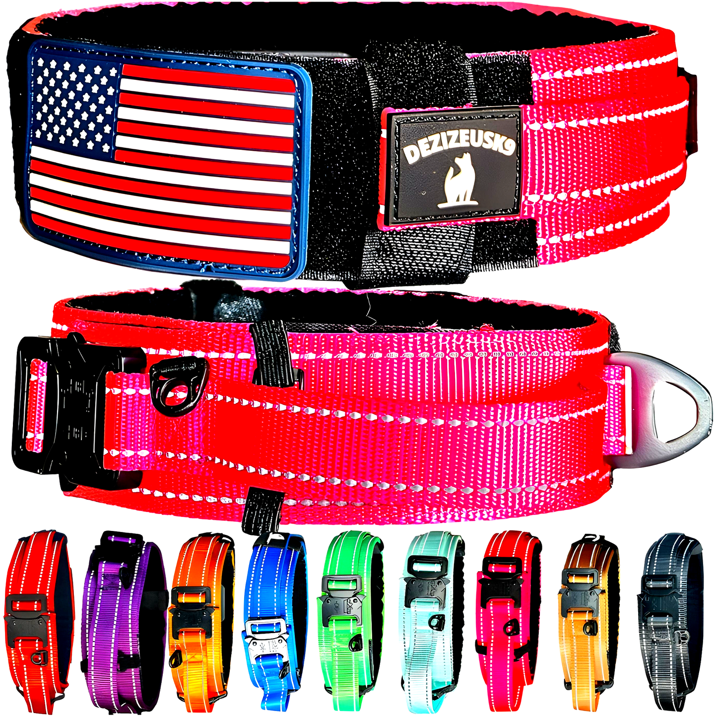2 Inch Tactical Dog Collar Reflective | Control Handle, Removable Flag Patch