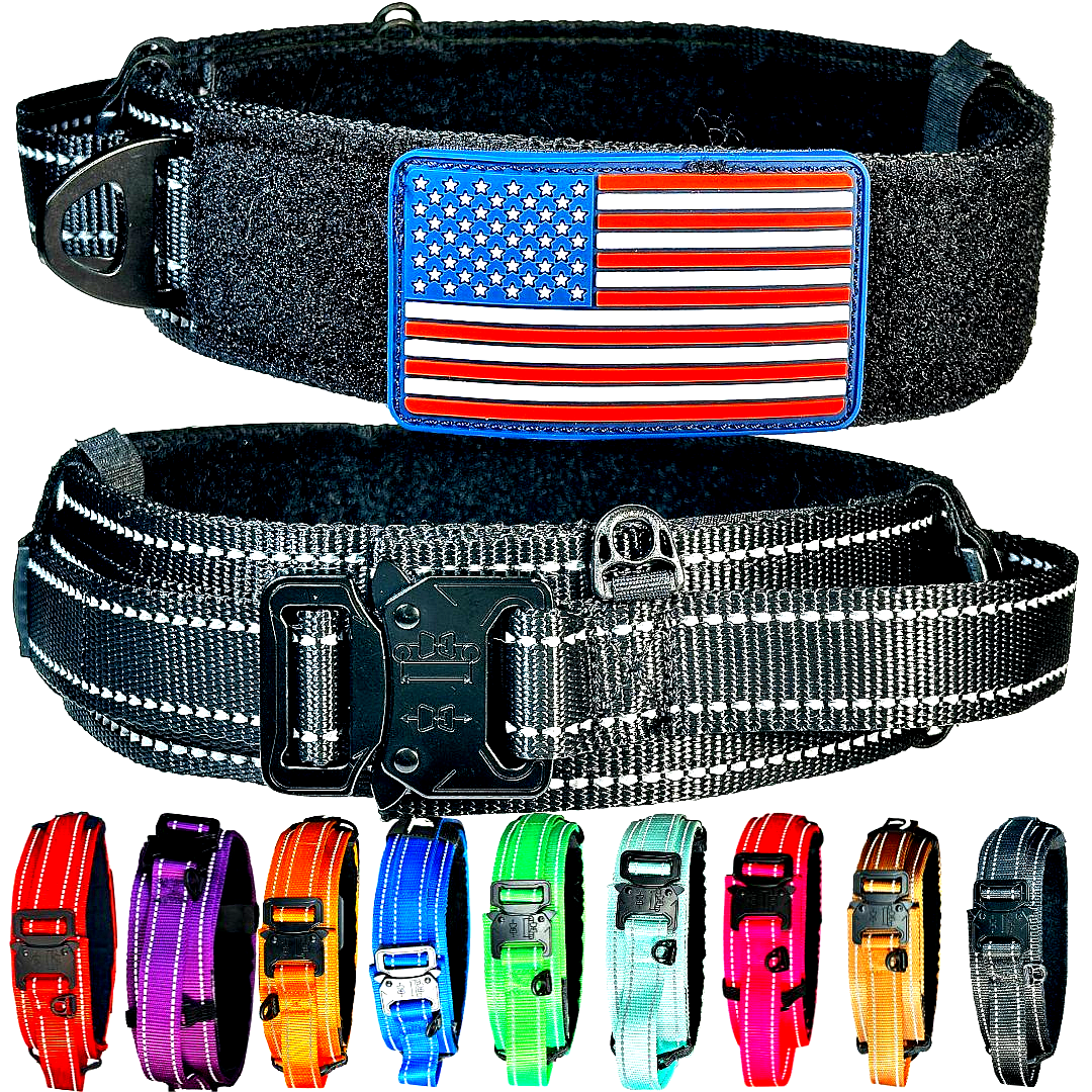 2 Inch Tactical Dog Collar Reflective | Control Handle, Removable Flag Patch